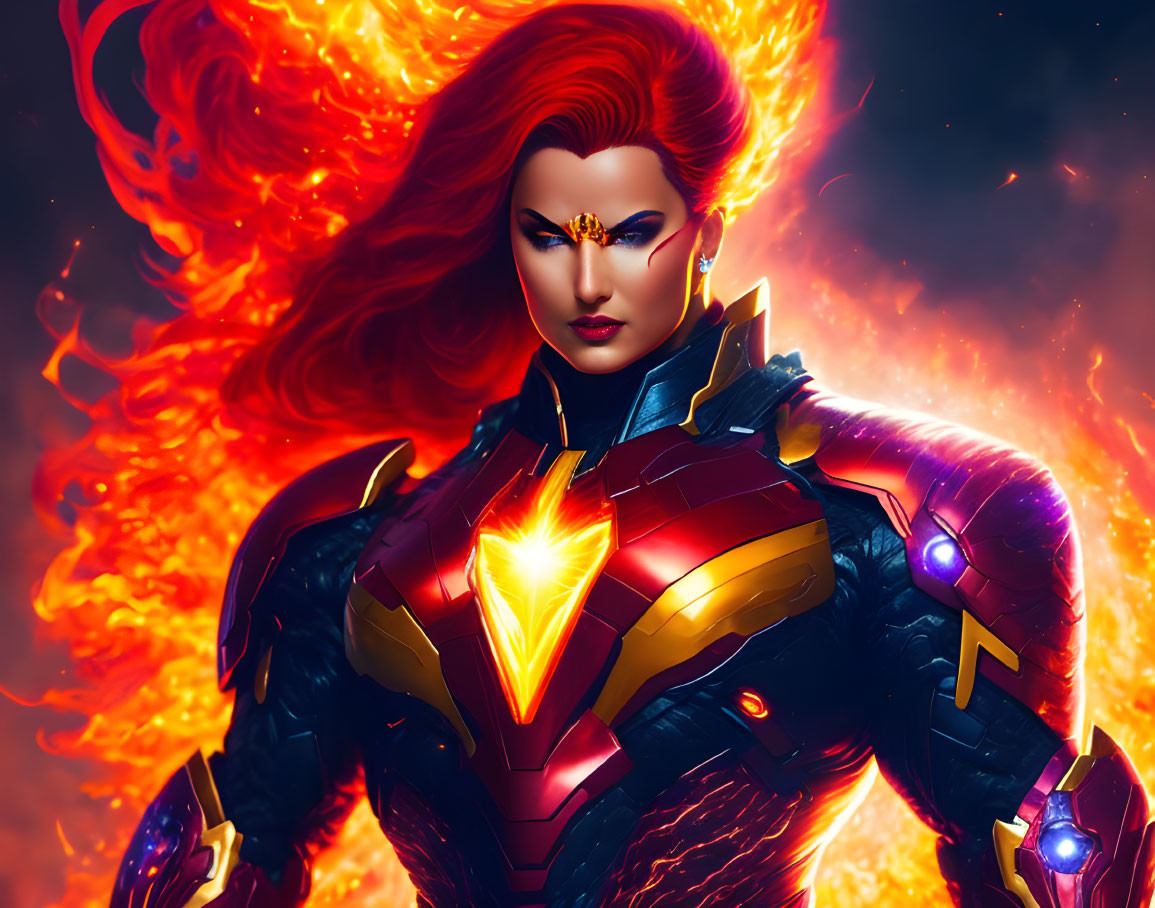 Female superhero with red hair in golden tiara, red and gold armor suit, glowing emblem, cosmic