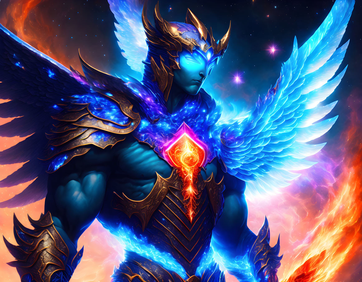 Mythical warrior with blue wings and red gemstone in fiery cosmic scene