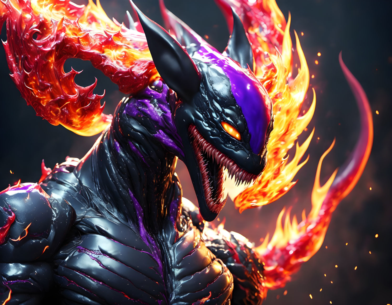 Dynamic Purple and Black Dragon with Fiery Orange Wings