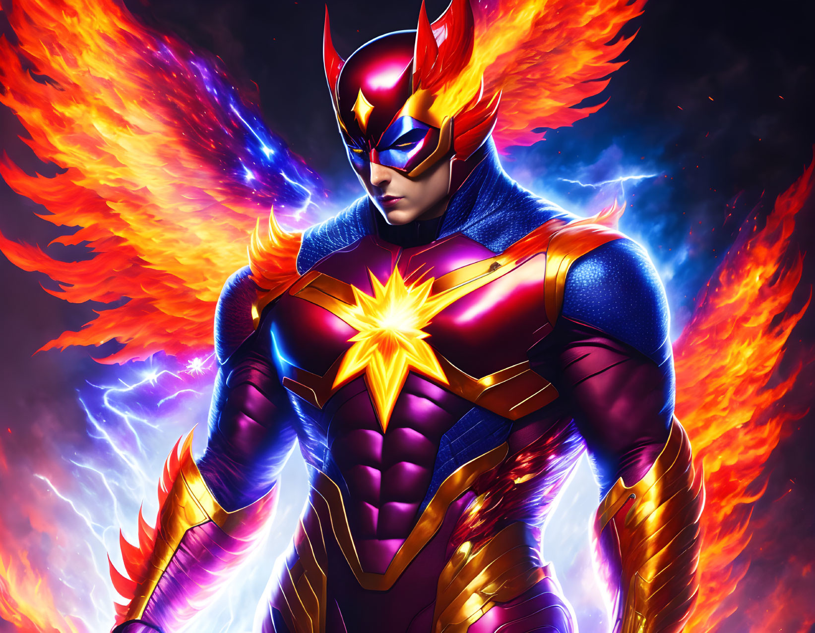 Illustration of heroic figure in blue and red suit with star emblem and fiery background