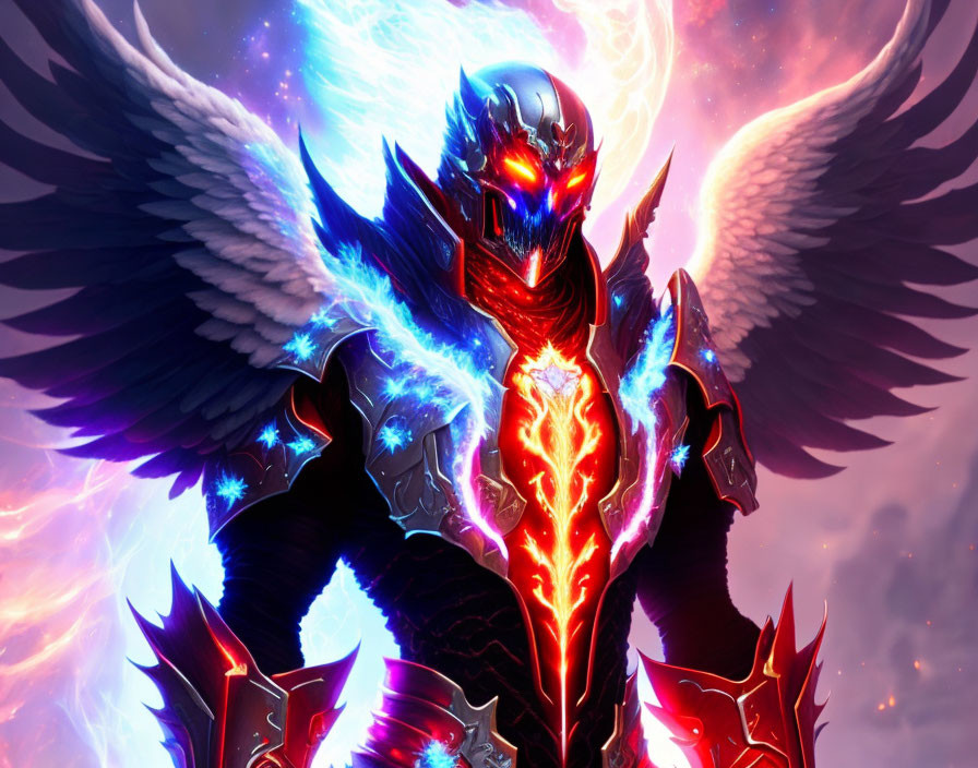 Majestic figure in glowing armor with outstretched wings against cosmic background