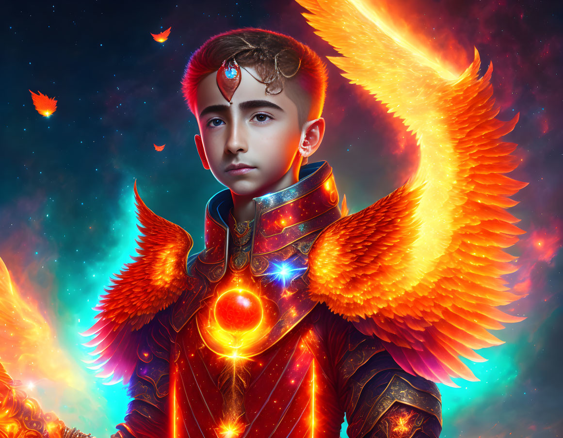 Serious young person in orange armor with fiery wings against cosmic backdrop