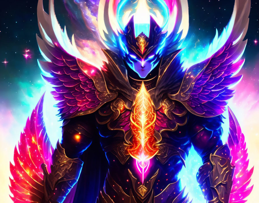 Armored figure with luminous wings and glowing sword on celestial backdrop