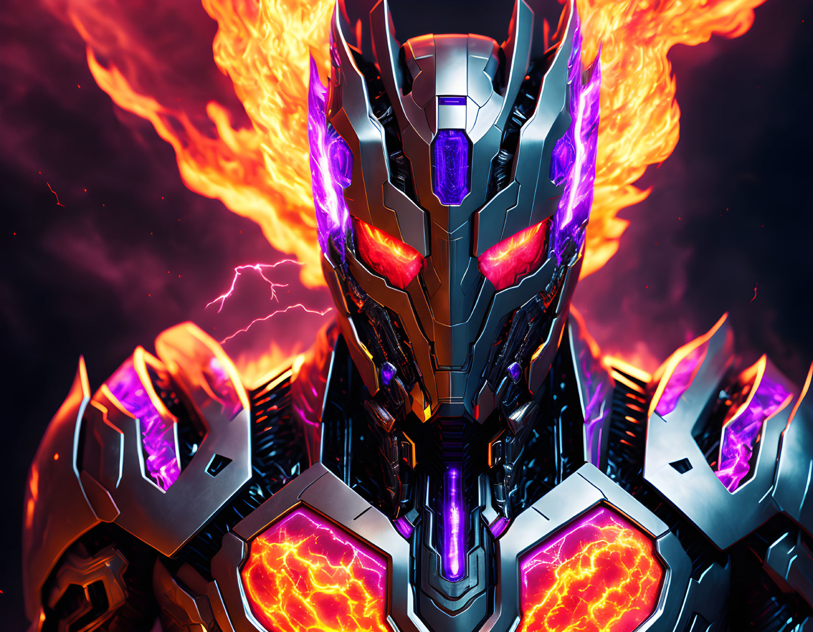 Armored robot with glowing red eyes in fiery futuristic scene