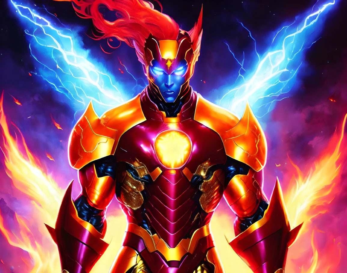 Superhero illustration in gold and red armor with blue energy on cosmic backdrop