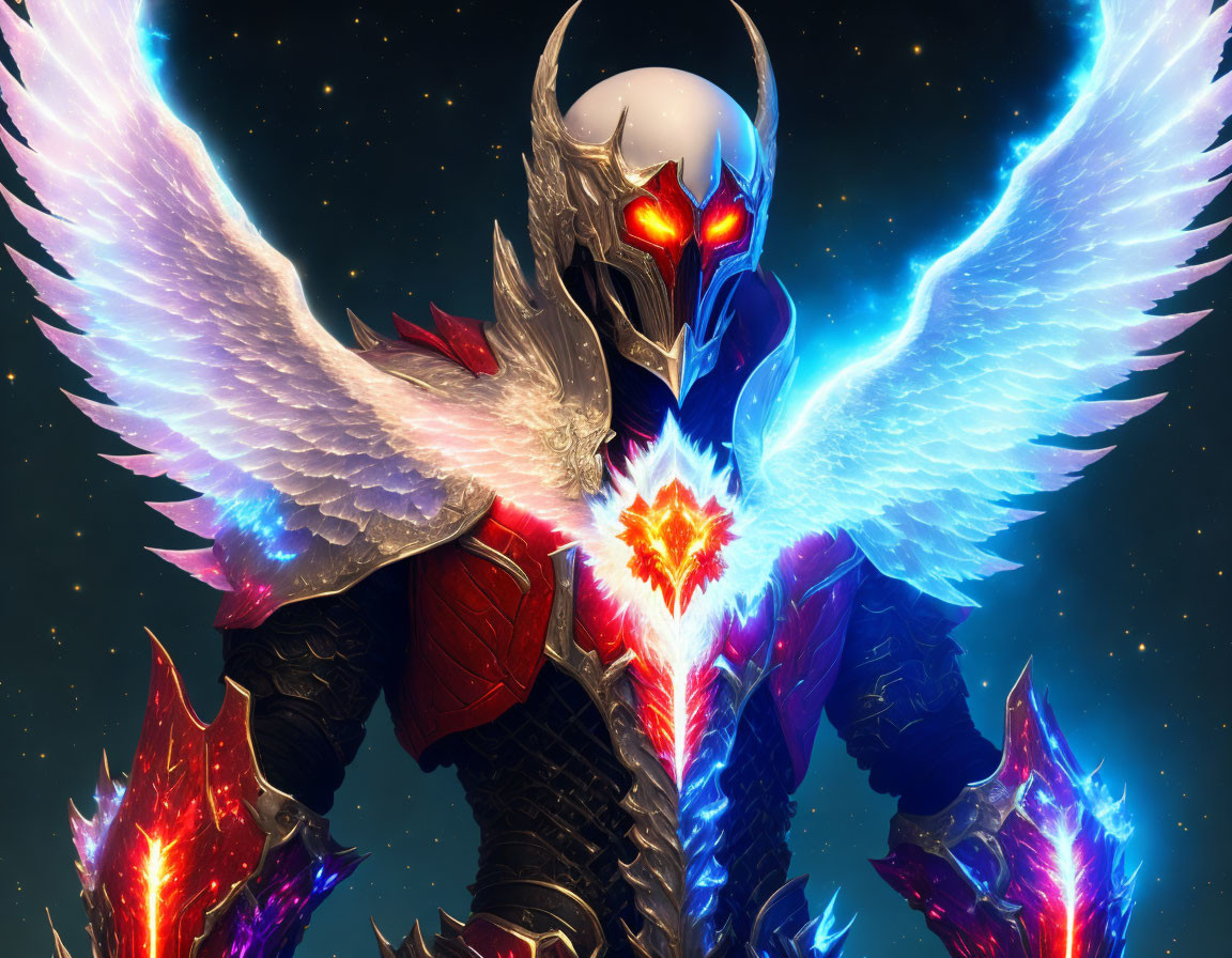 Armored figure with glowing red eyes and horned helmet in cosmic setting