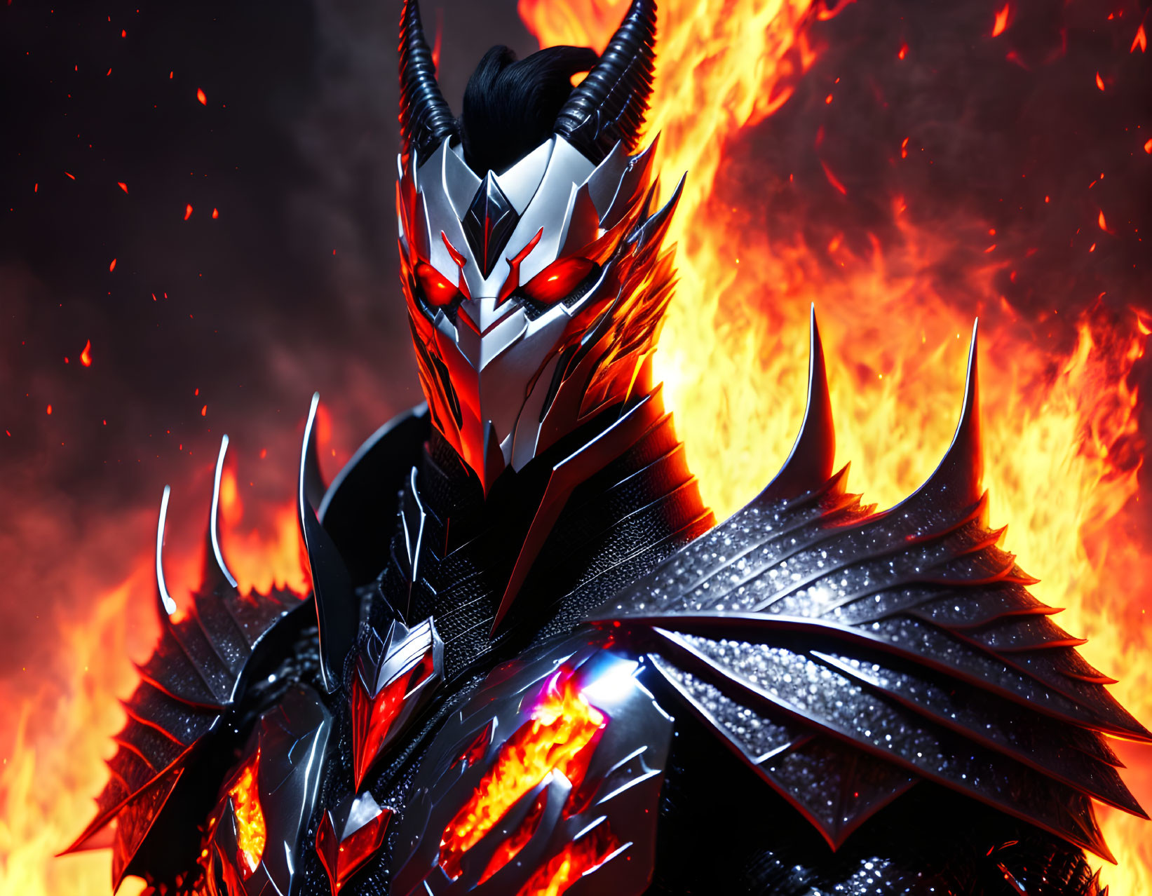 Black and Red Demon Armor Figure in Fiery Scene