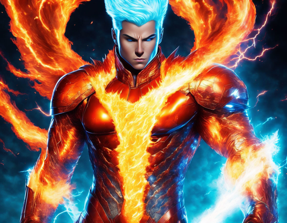 Character with White Hair & Blue Eyes in Red Armor with Flames