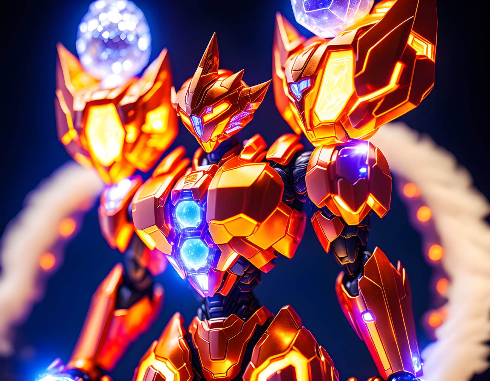 Vibrant metallic robots with orange and blue lighting and glowing orb.