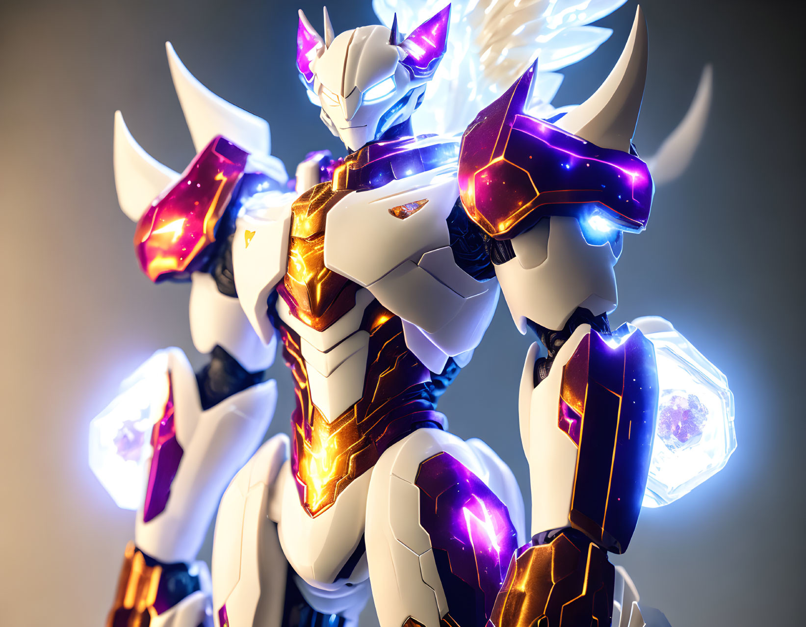 White and Purple Robot with Glowing Accents and Energy-infused Wings