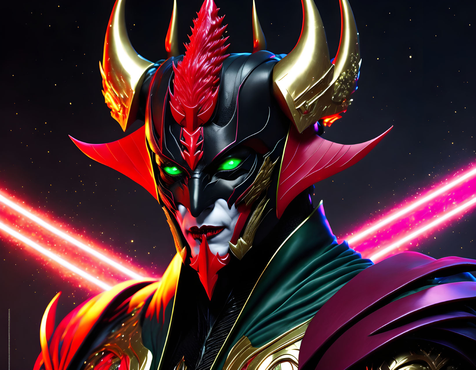 Digital artwork featuring character with red and black demonic mask and golden horns