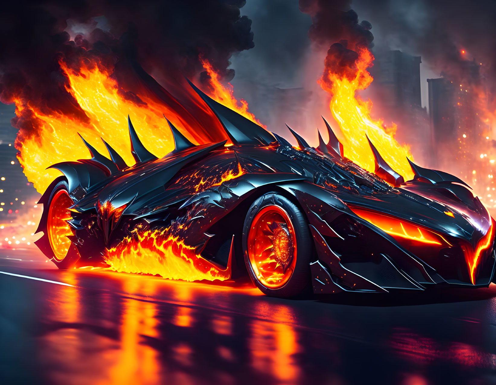 Stylized black car with flames driving on city street at night