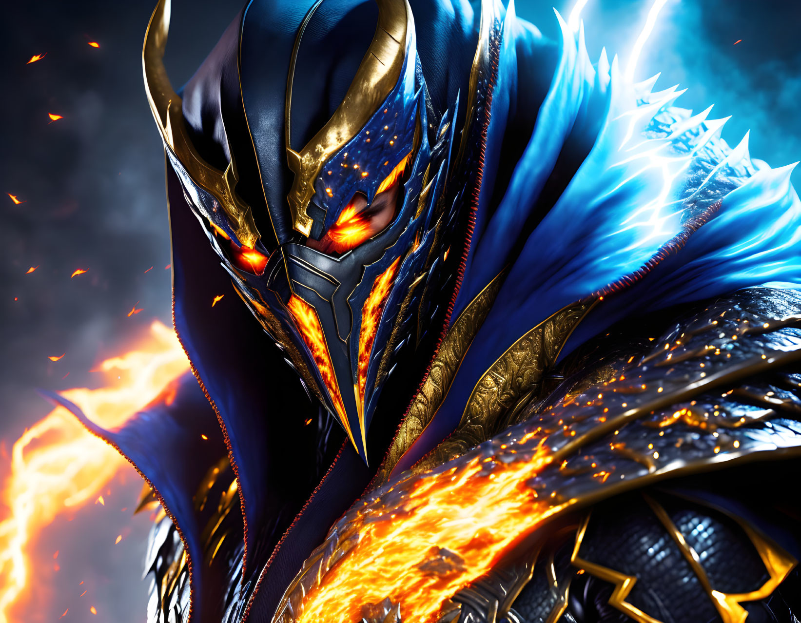 Detailed illustration: Warrior in blue and gold armor with red eyes, fiery backdrop.