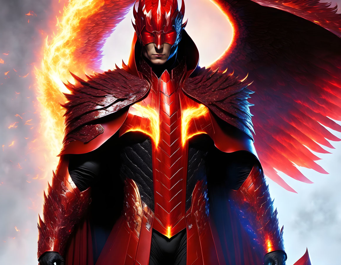 Fiery winged helmet and cape on figure in red and black armored suit