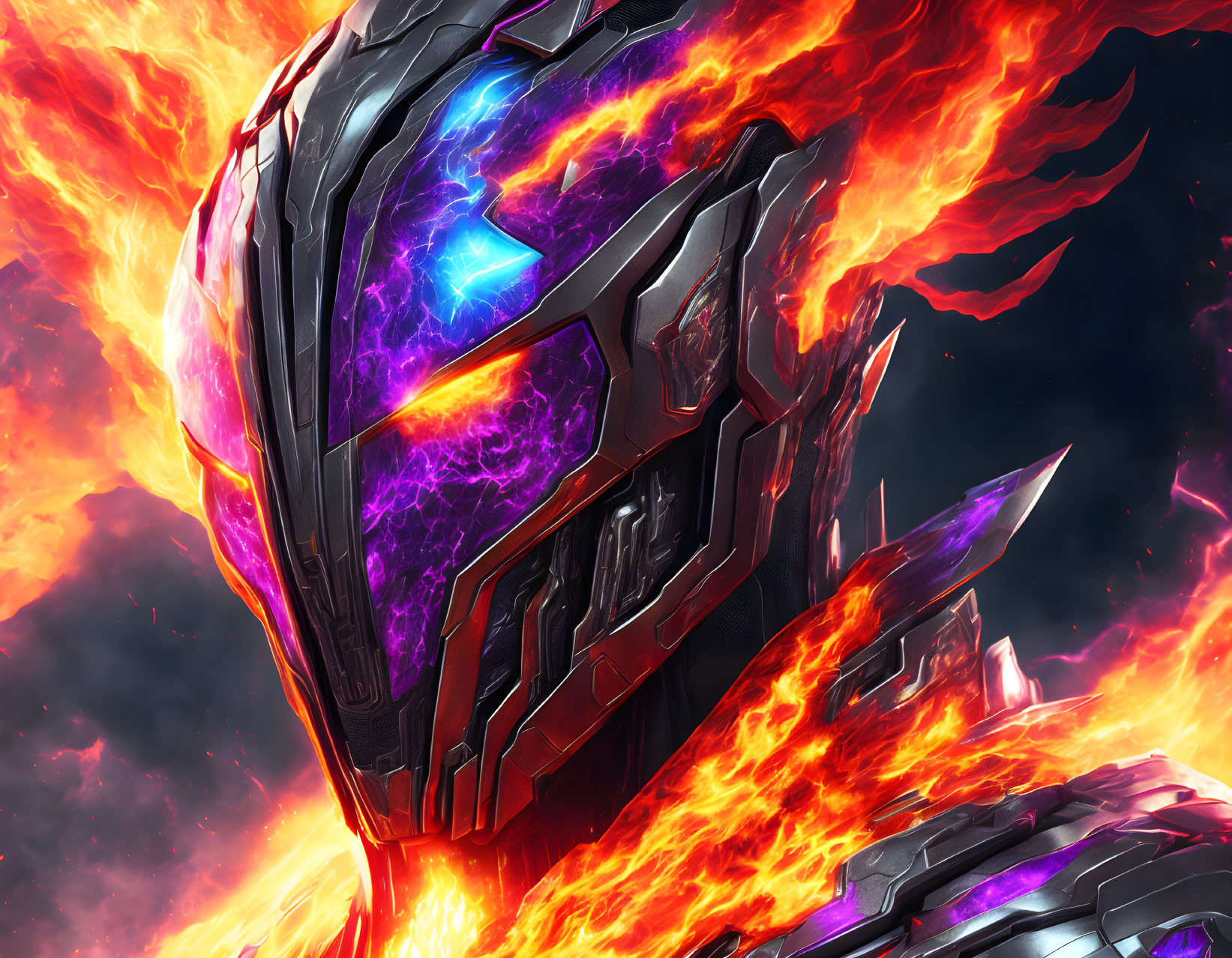 Stylized robotic head with glowing blue eyes in fiery cosmic setting