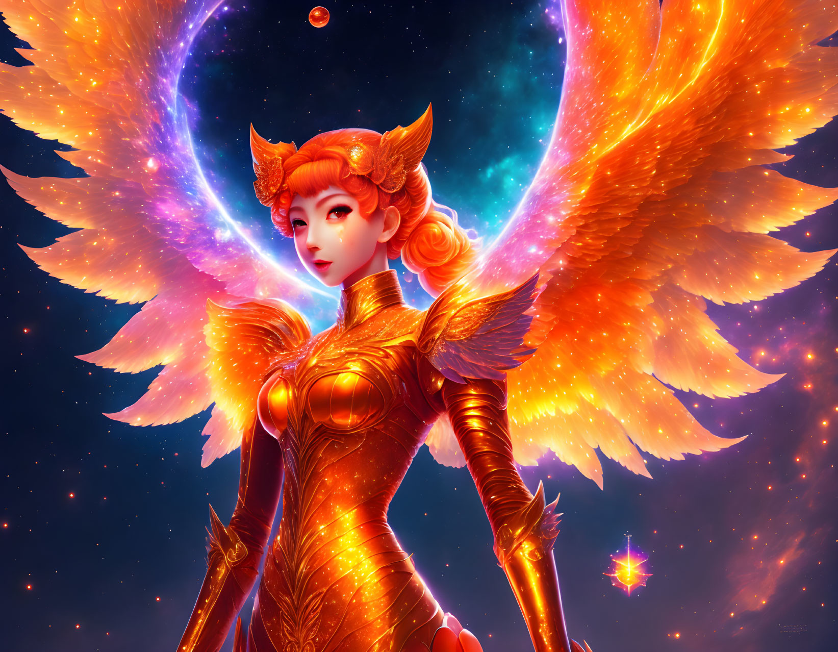 Mythical Female Figure with Fiery Orange Wings and Cosmic Background