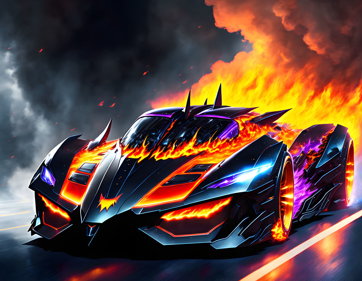 Sharp-Angled Futuristic Car Speeding on Road with Neon Accents