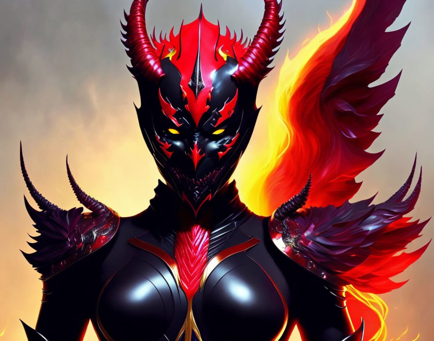 Fiery winged figure with red eyes and horns in smoky scene