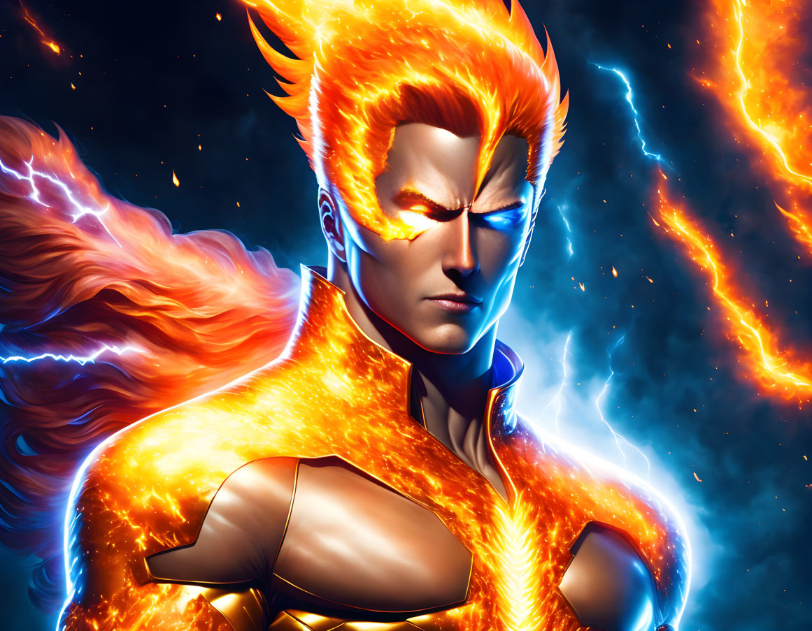 Superhero illustration with fiery hair and costume in cosmic setting