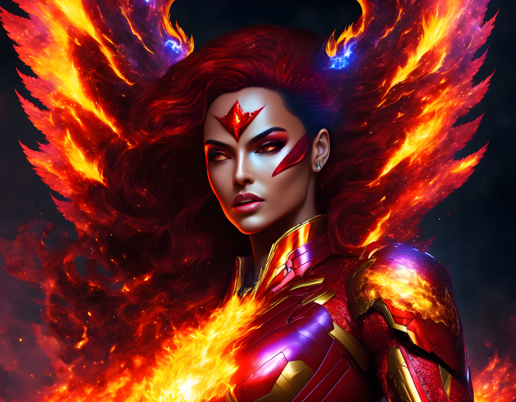 Flaming hair female character in fiery costume with red and gold color scheme.