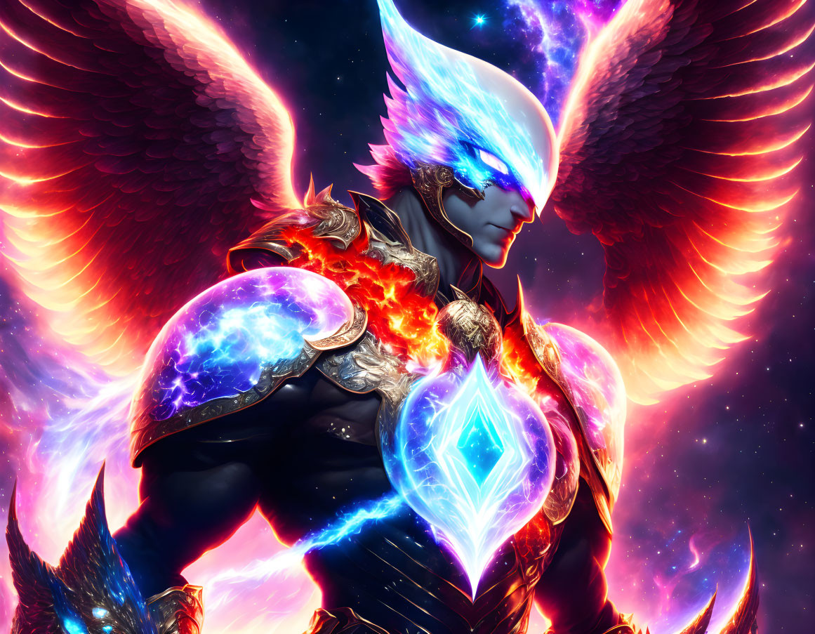 Celestial warrior with fiery wings and blue crystal in cosmic setting