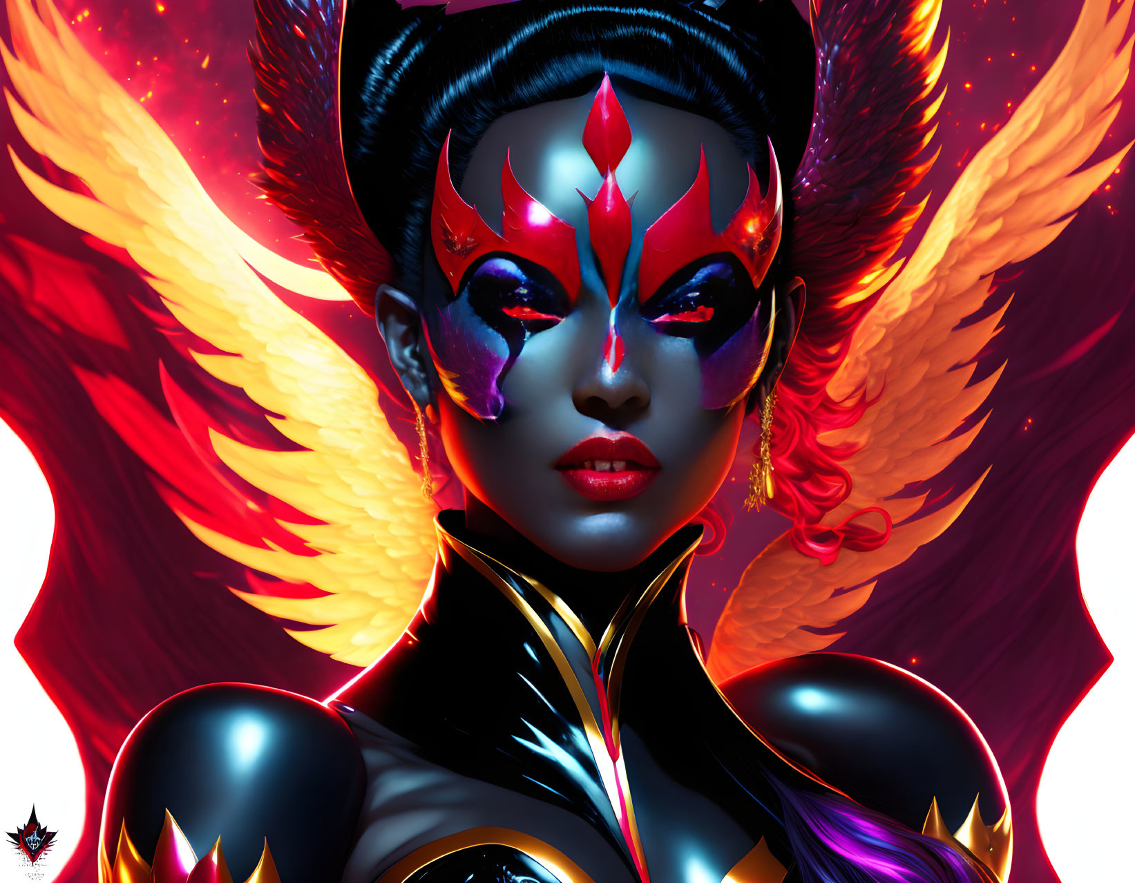 Digital art of woman with red and gold makeup, fiery wings, and mystical aura