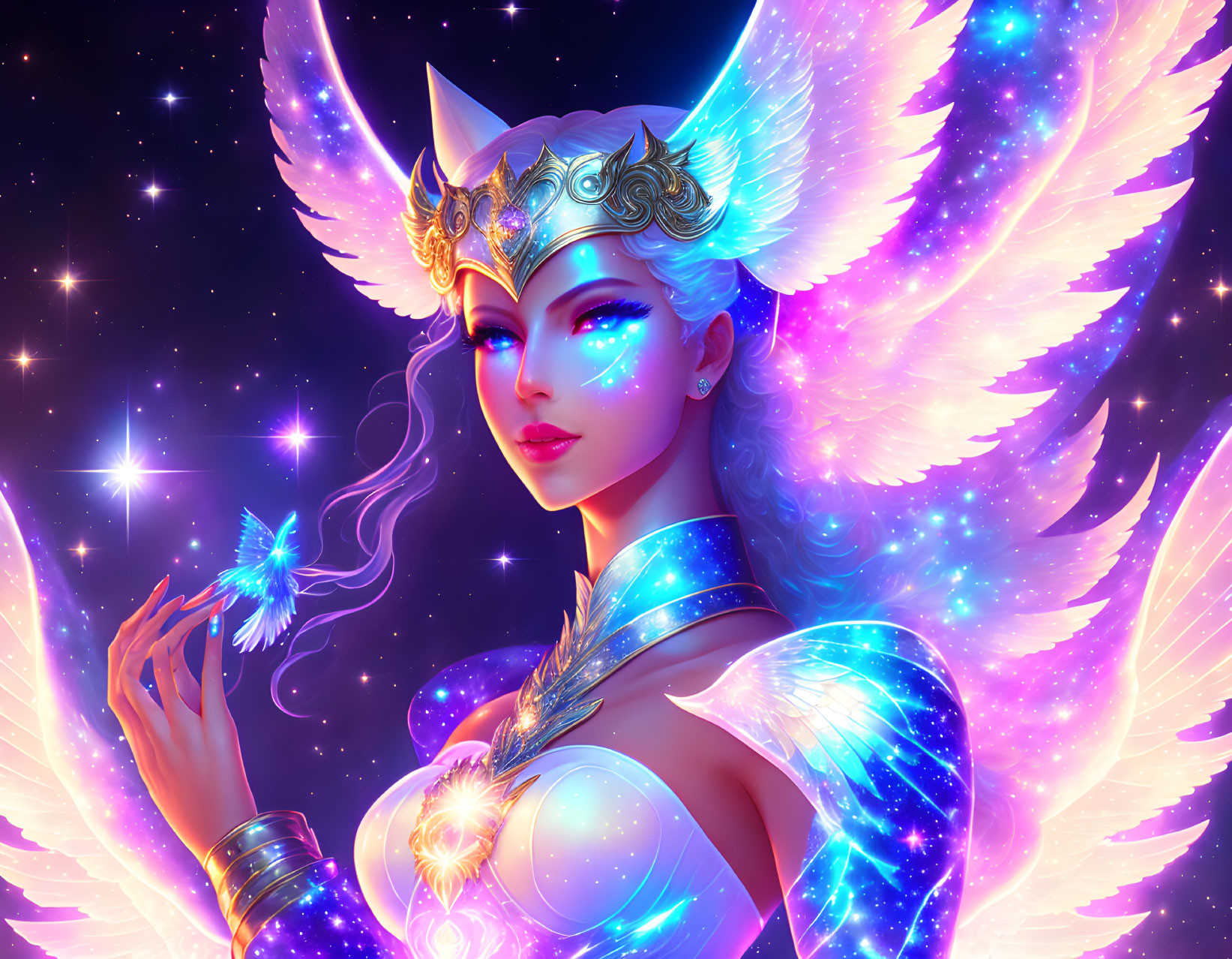 Digital artwork: Female figure with celestial wings in ornate armor, set against star-filled cosmic background