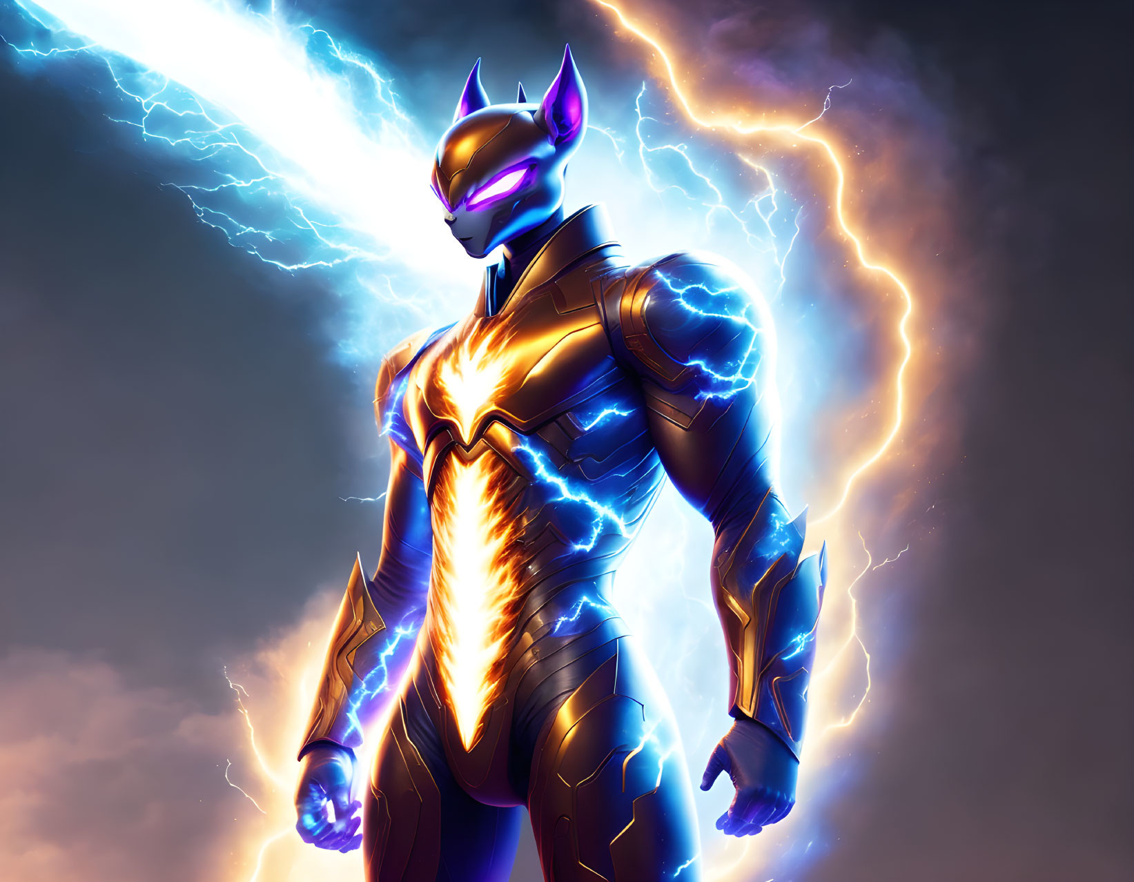 Muscular superhero in glowing suit and mask with lightning backdrop