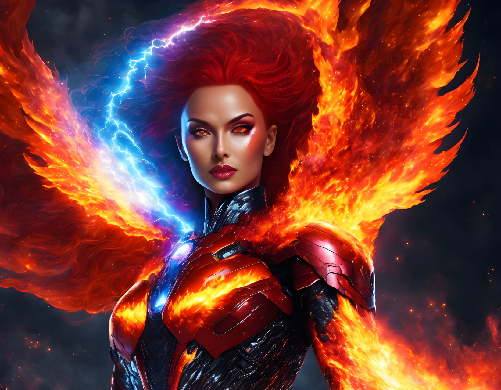 Red-haired female superhero with fiery wings and electric aura in blue-and-red suit