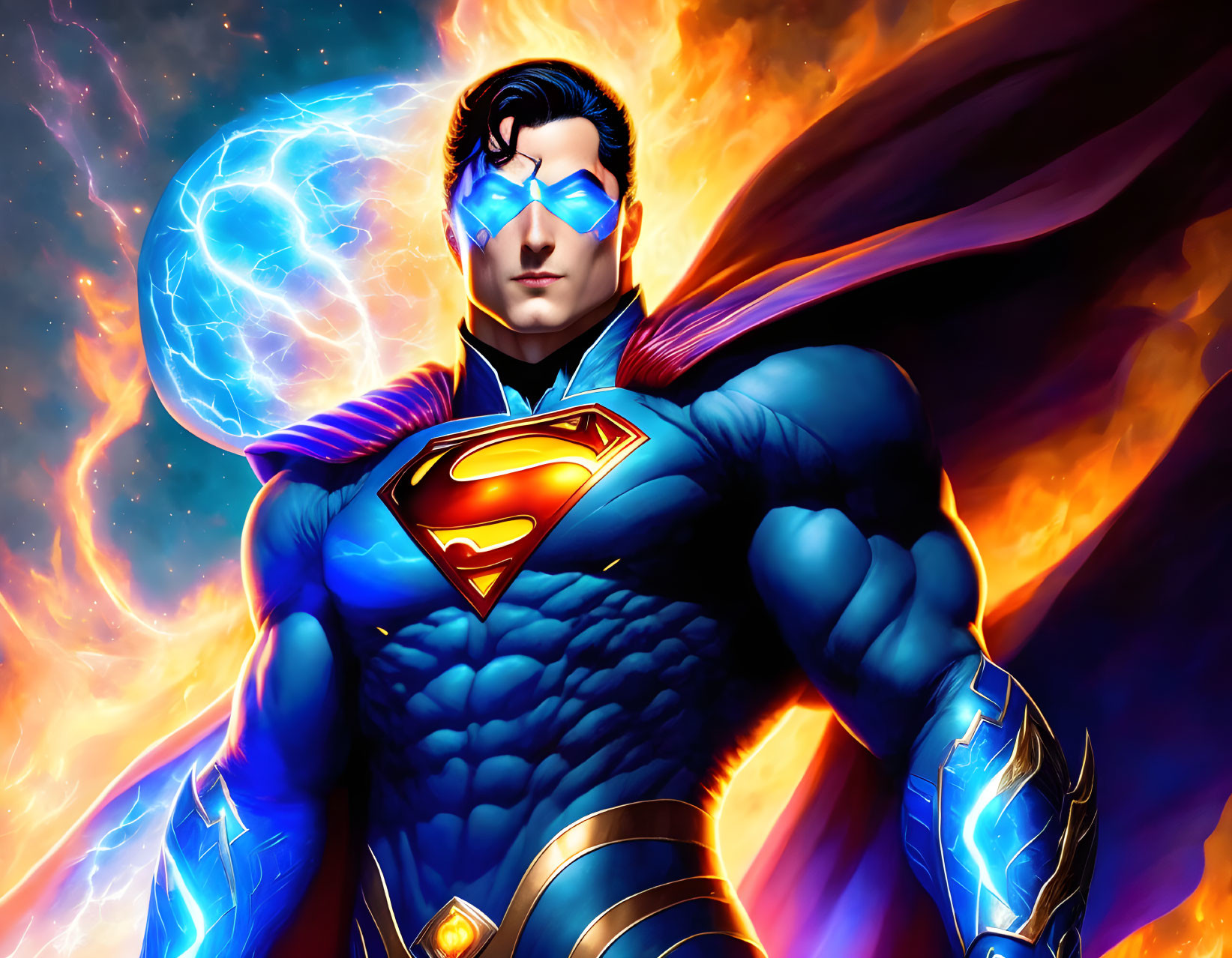 Colorful Superman illustration in glowing blue suit and red cape against cosmic backdrop.