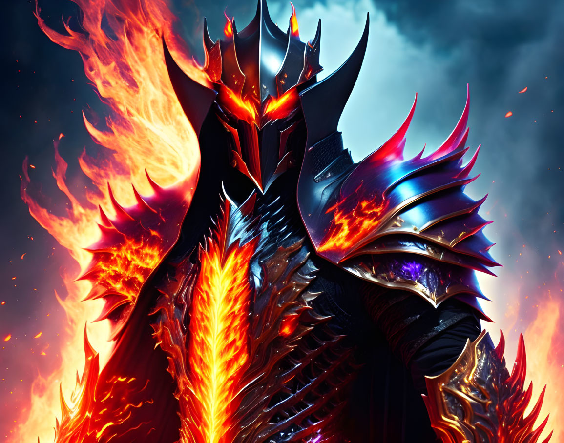 Armored figure with flaming wings and glowing eyes on stormy background