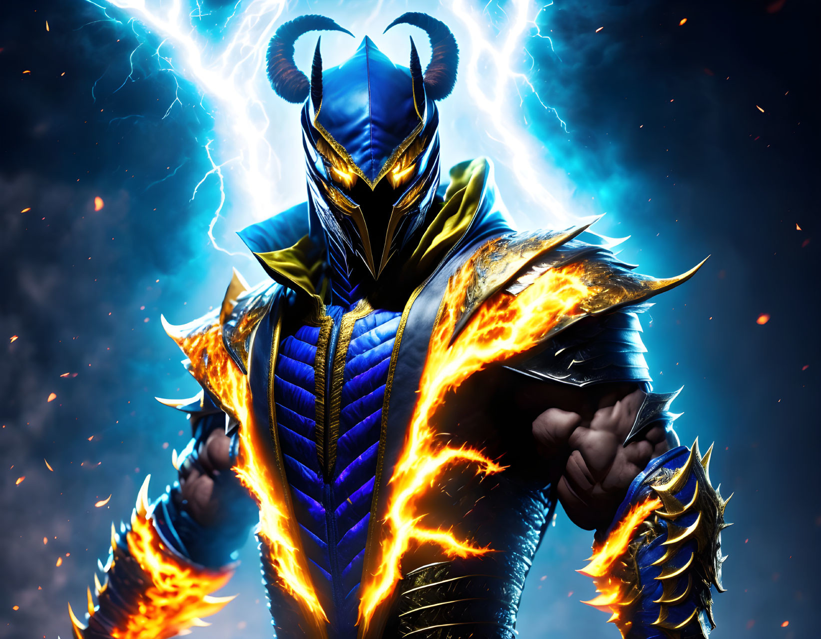 Majestic figure in blue and gold armor with flames and lightning against dark backdrop