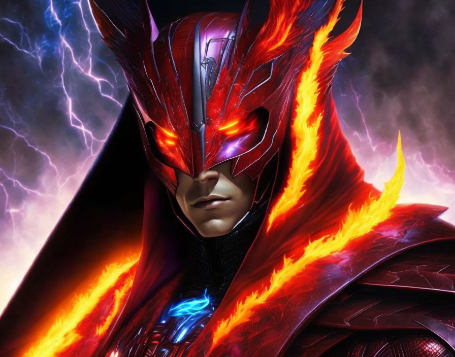 Character in Red and Black Armored Suit with Fiery Designs and Glowing Eyes against Lightning Backdrop