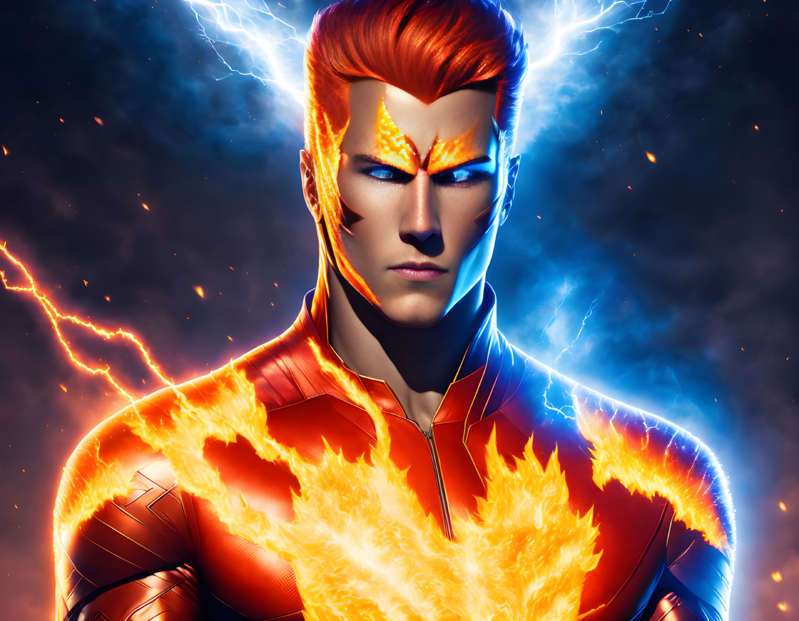 Superhero with fiery hair, lightning, intense gaze, and glowing symbol