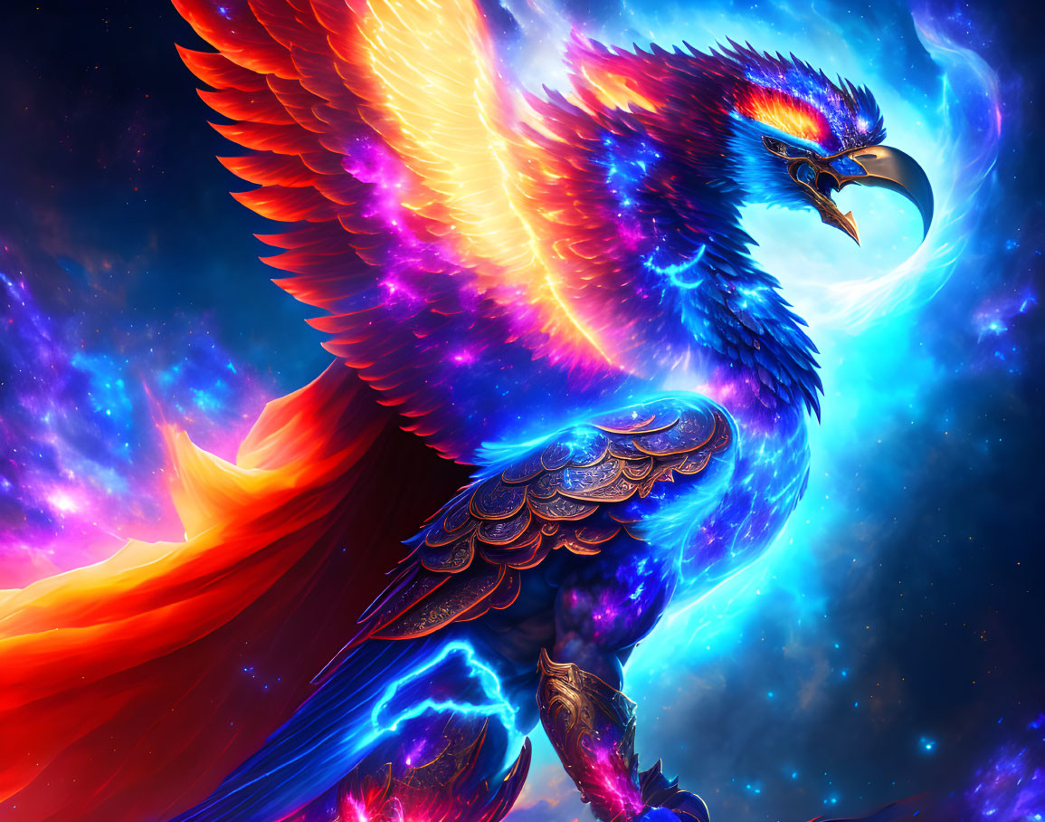 Colorful Phoenix Soaring in Celestial Sky