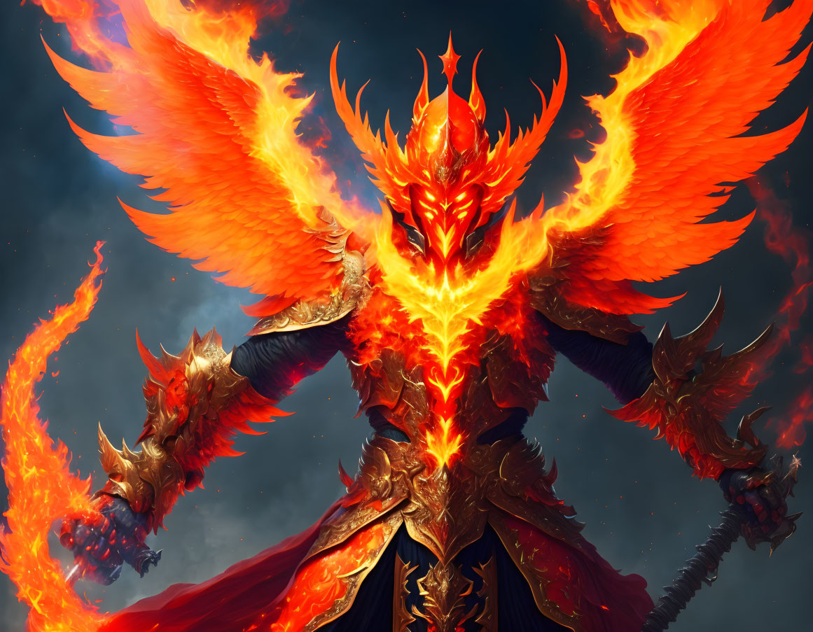 Fiery winged creature with blazing crown and armor in flames against stormy backdrop