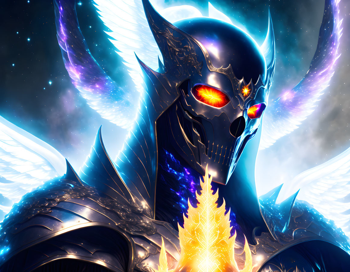 Detailed Illustration: Menacing Armored Figure with Skull-like Helmet, Glowing Orange Eyes, Blue