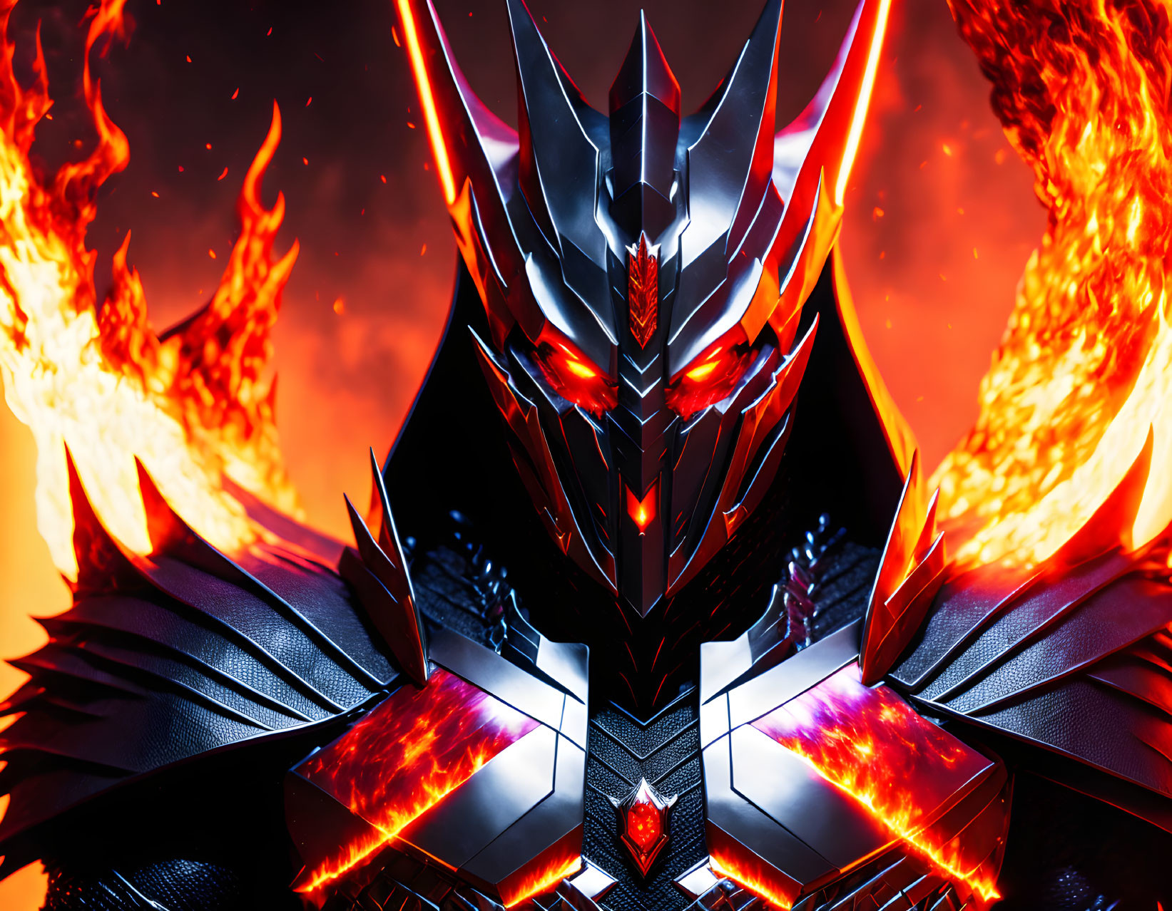 Armored figure with glowing red accents in fiery backdrop