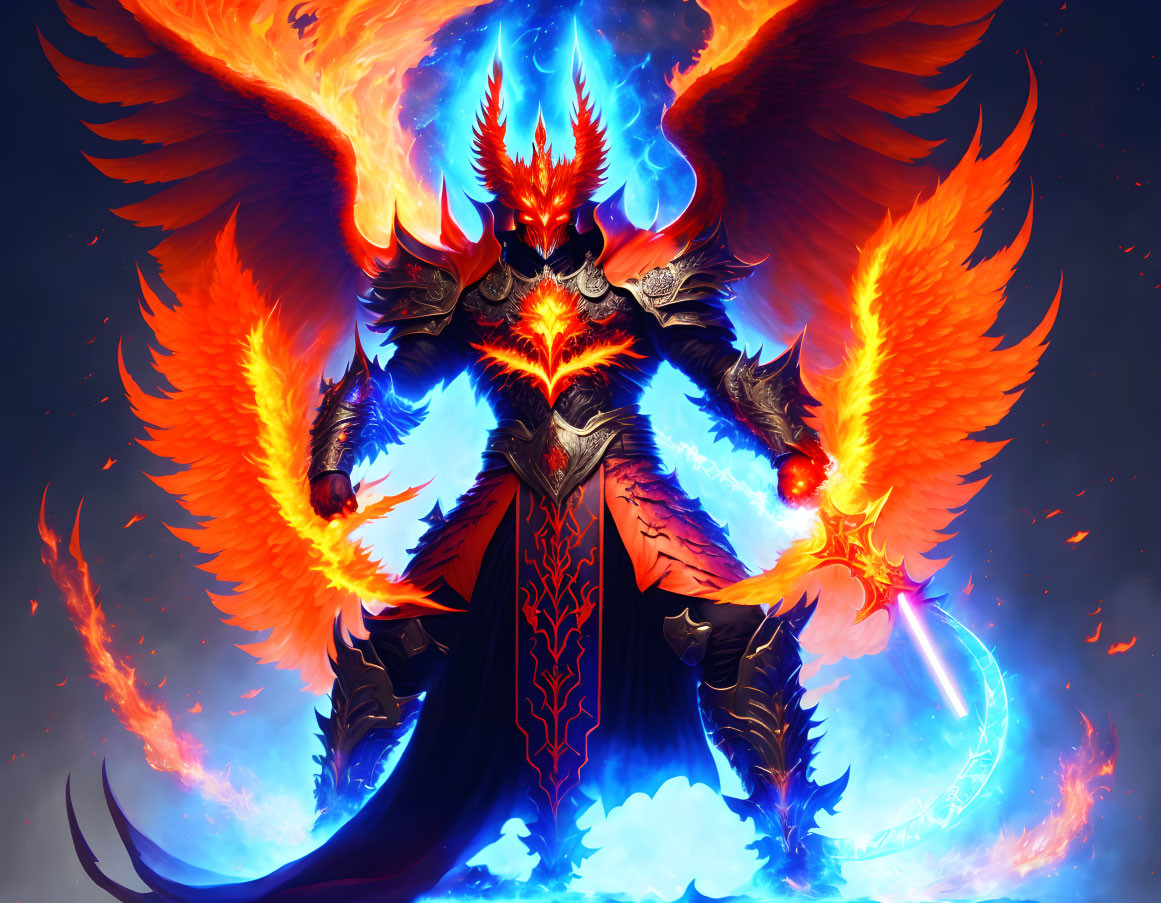 Fantasy warrior in ornate armor with fiery wings and glowing heart