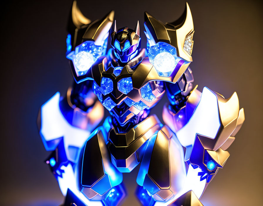 Armored futuristic figure with glowing blue and golden designs on moody gradient background