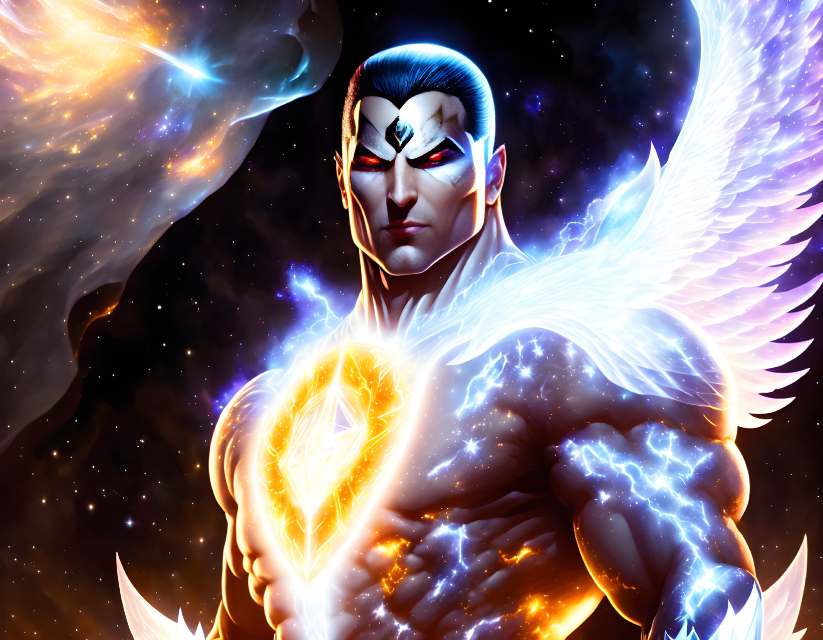 Muscular winged superhero with glowing energy in cosmic setting