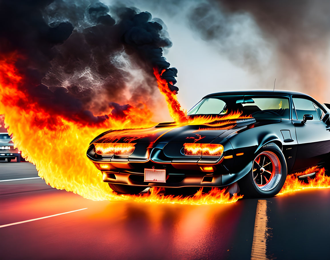 Classic Muscle Car with Flames on Road Under Dramatic Sky