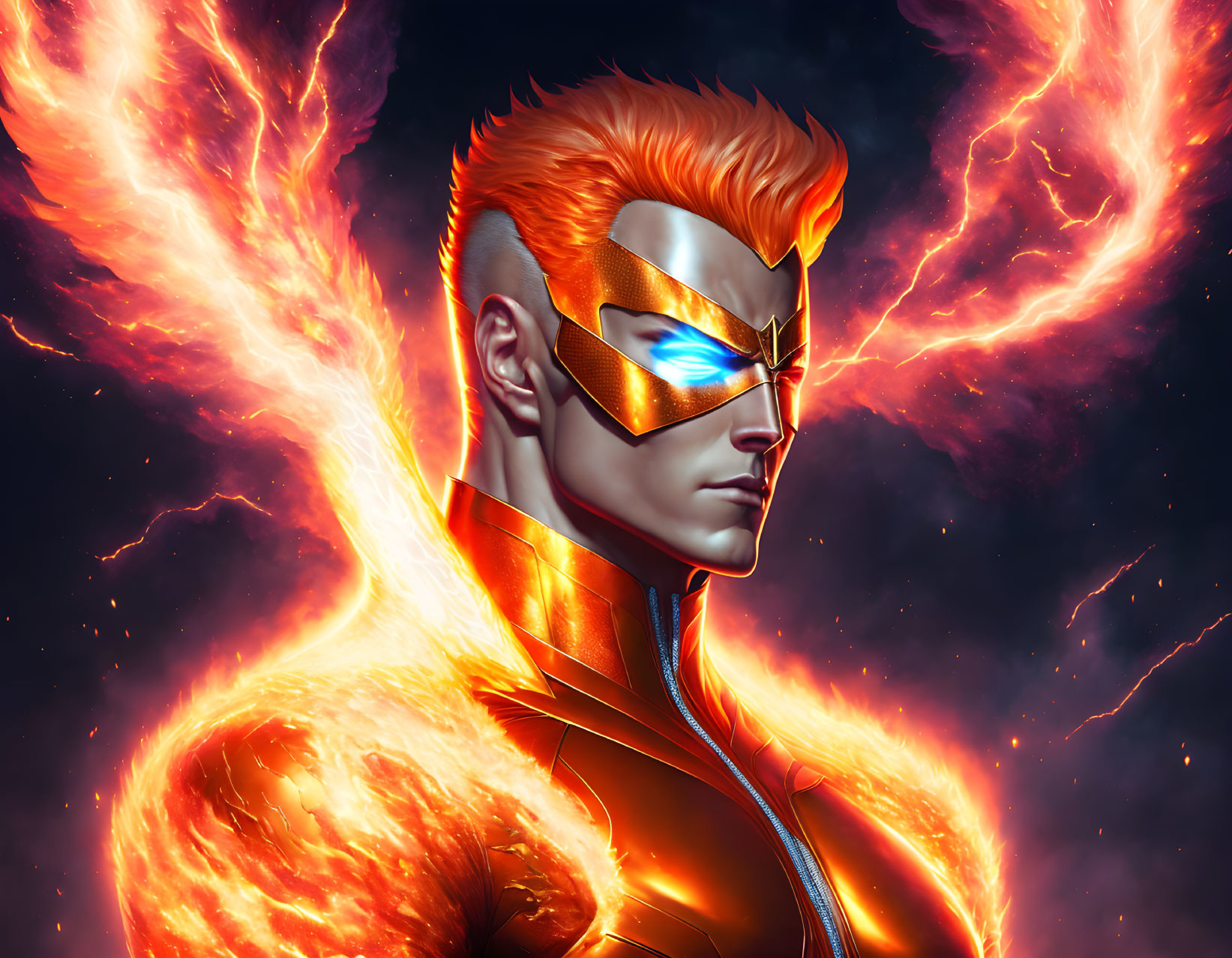 Male superhero with fiery wings and glowing mask in cosmic backdrop.