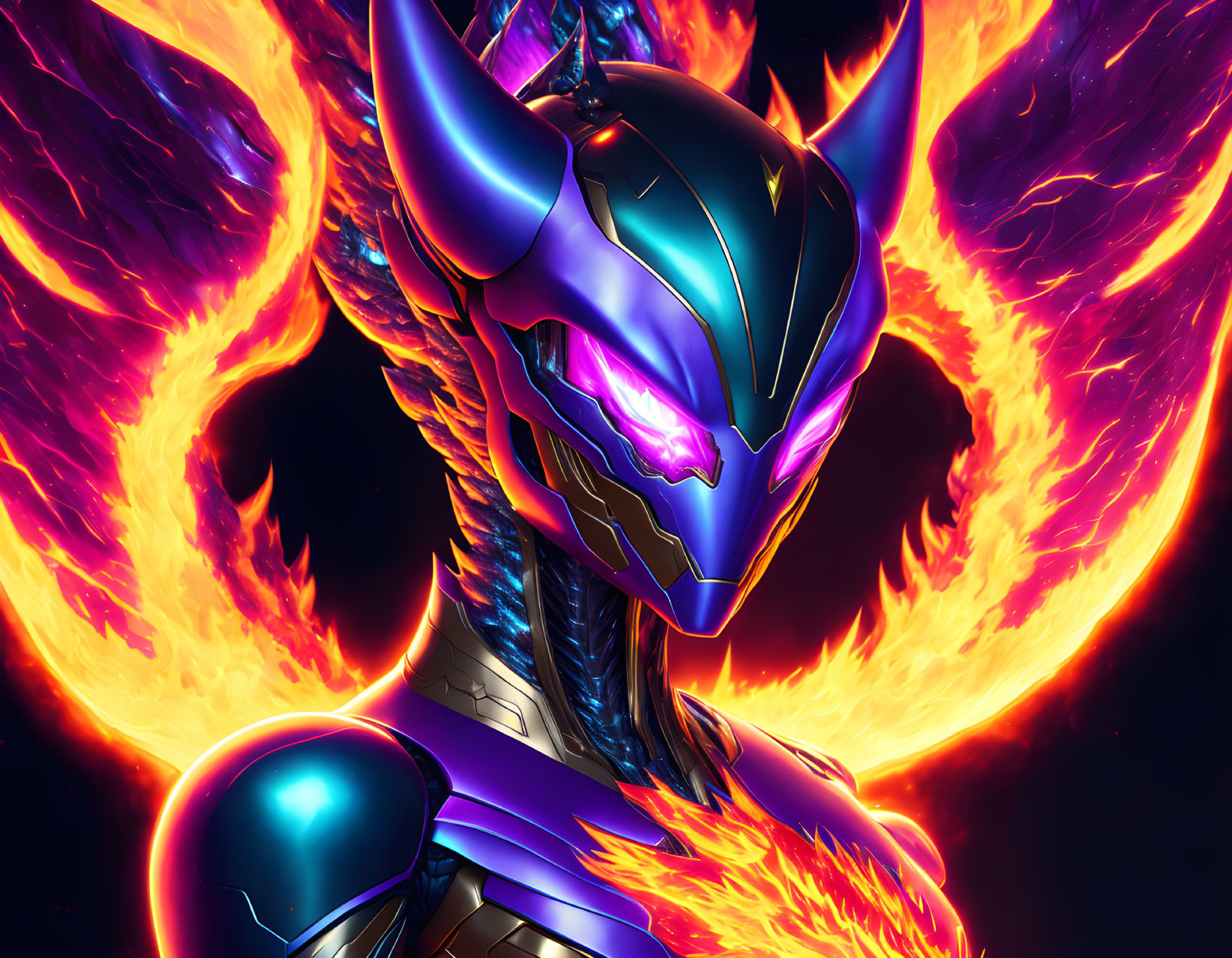 Character in futuristic armor with purple visor amid swirling orange flames