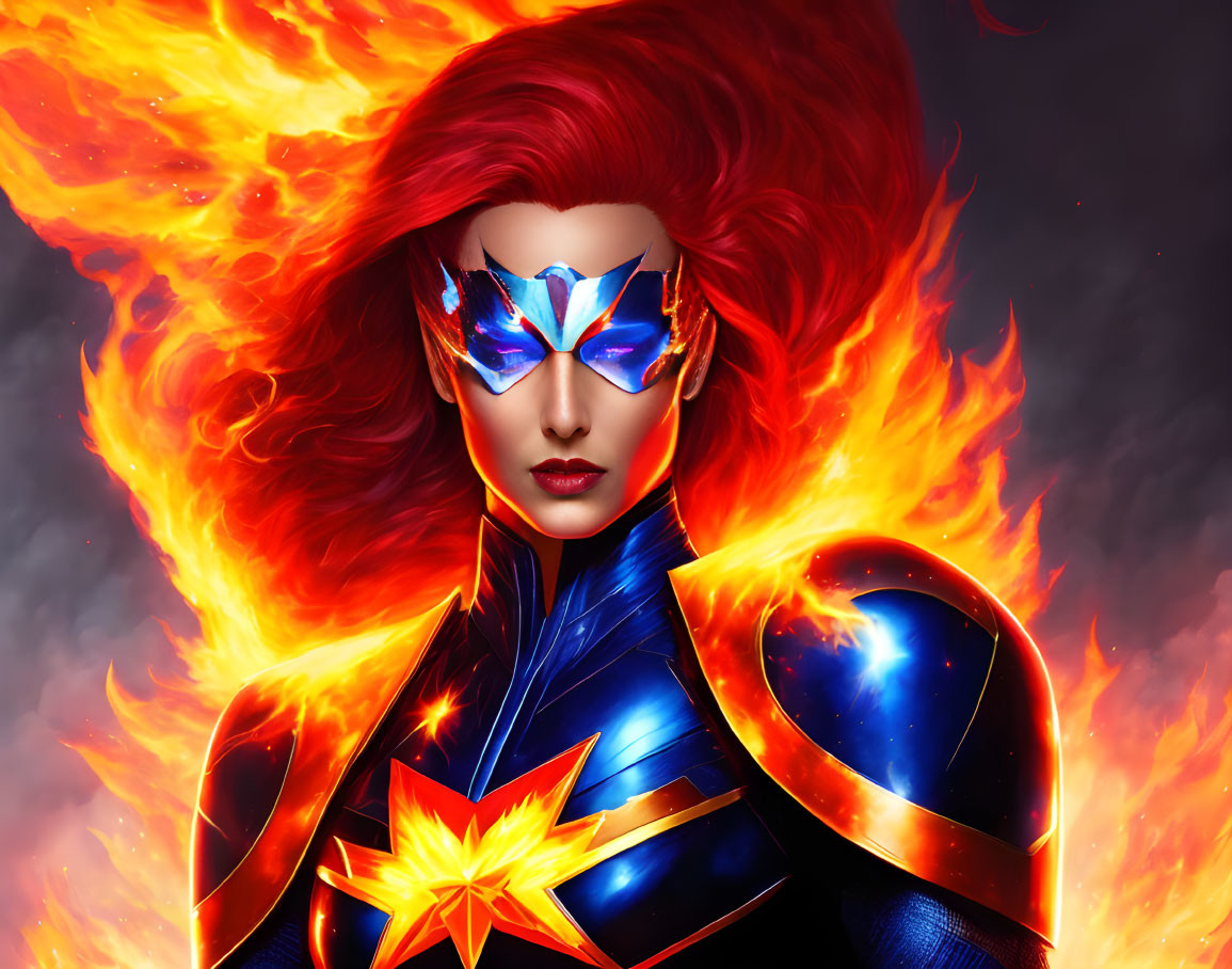 Female superhero illustration with red hair, blue & red costume, gold star emblem, and fiery flames.