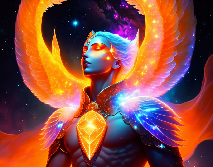 Celestial being with luminous wings and glowing crystal in ethereal blue digital artwork