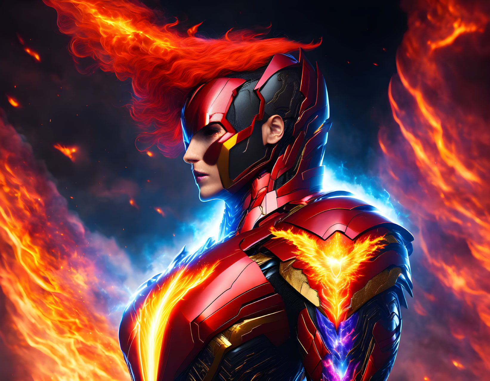 Flaming red-haired character in red-and-gold armor against cosmic backdrop