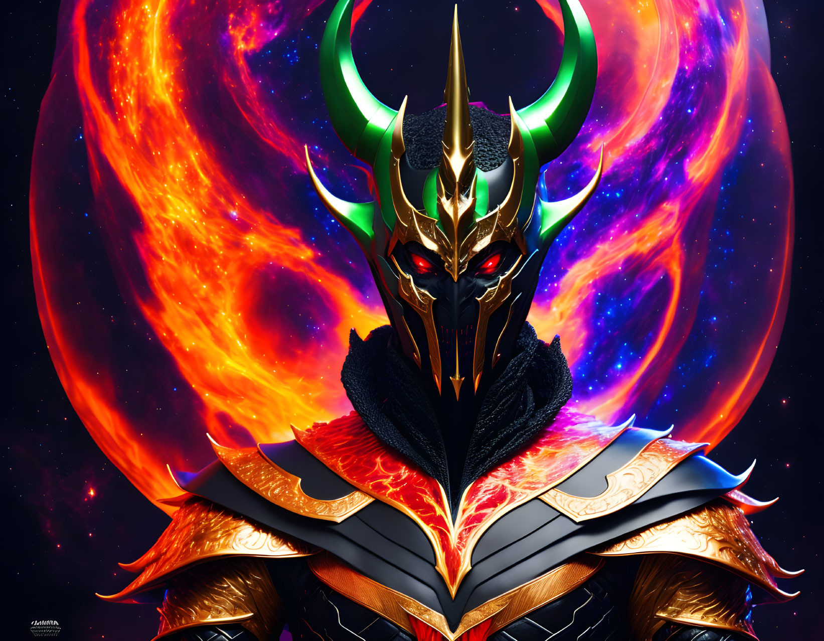 Horned helmet figure in cosmic fiery wings.