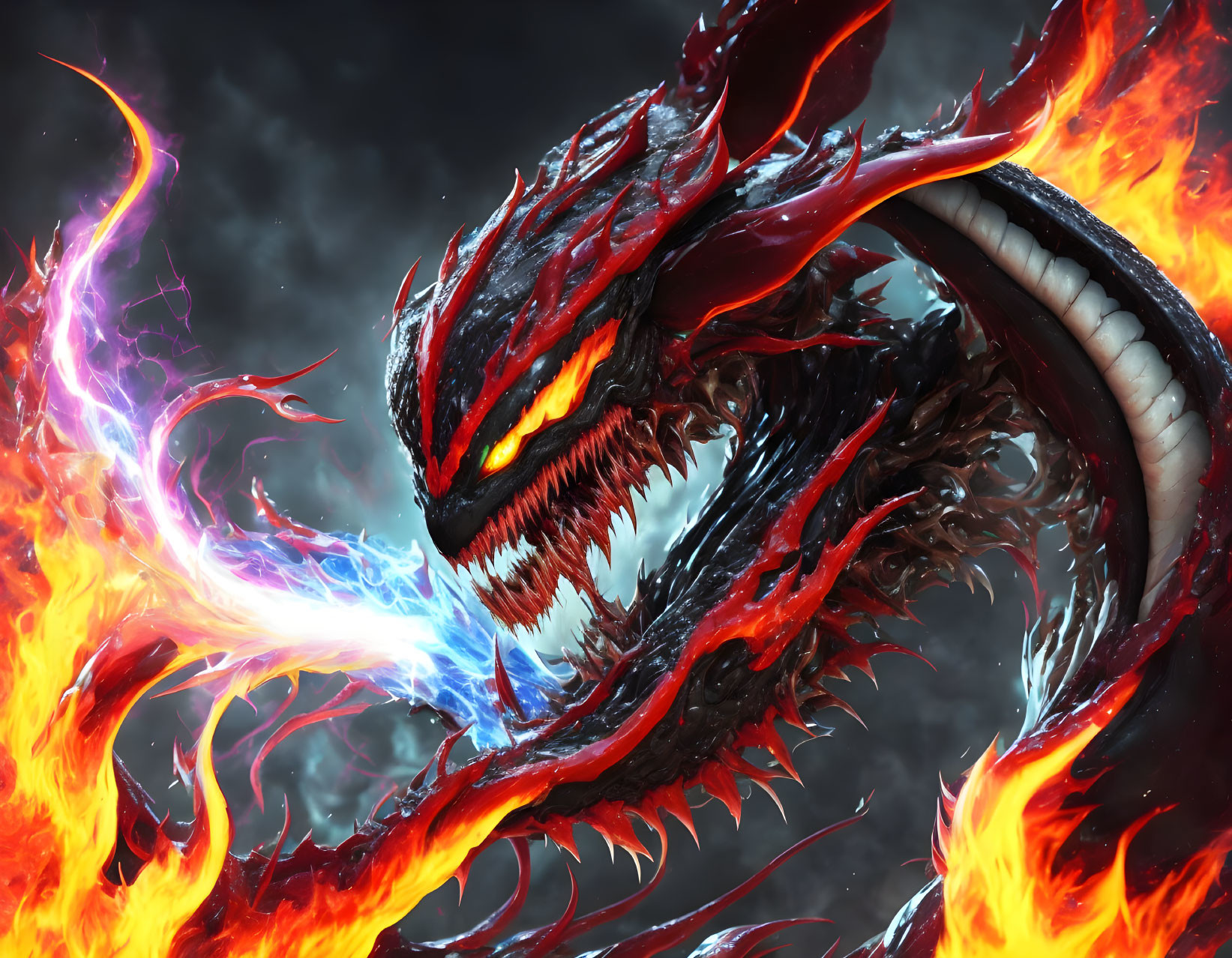 Red-scaled dragon breathing blue fire in stormy scene