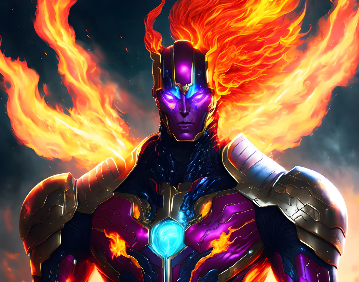 Illustration of armored figure with glowing chest, fiery wings, cosmic backdrop